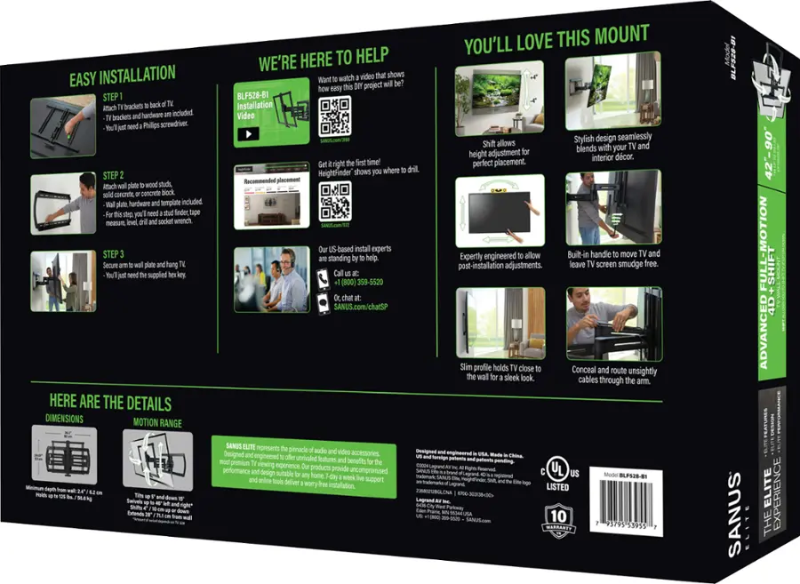 The image features a box for a mounting system, which is designed to hold a flat screen TV. The box is open, revealing the mounting system inside. The box has a detailed diagram and instructions for easy installation. The box is black and green in color, and it is placed on a white background. The box is labeled "SANUS," indicating the brand of the mounting system.