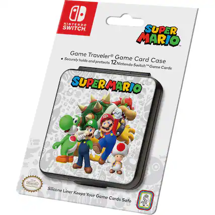 The image features a Super Mario Game Traveler, which is an official Nintendo licensed product. The game traveler securely holds a game card case and protects 12 Nintendo Switch game cards. The product is designed to keep your game cards safe with a silicone liner.