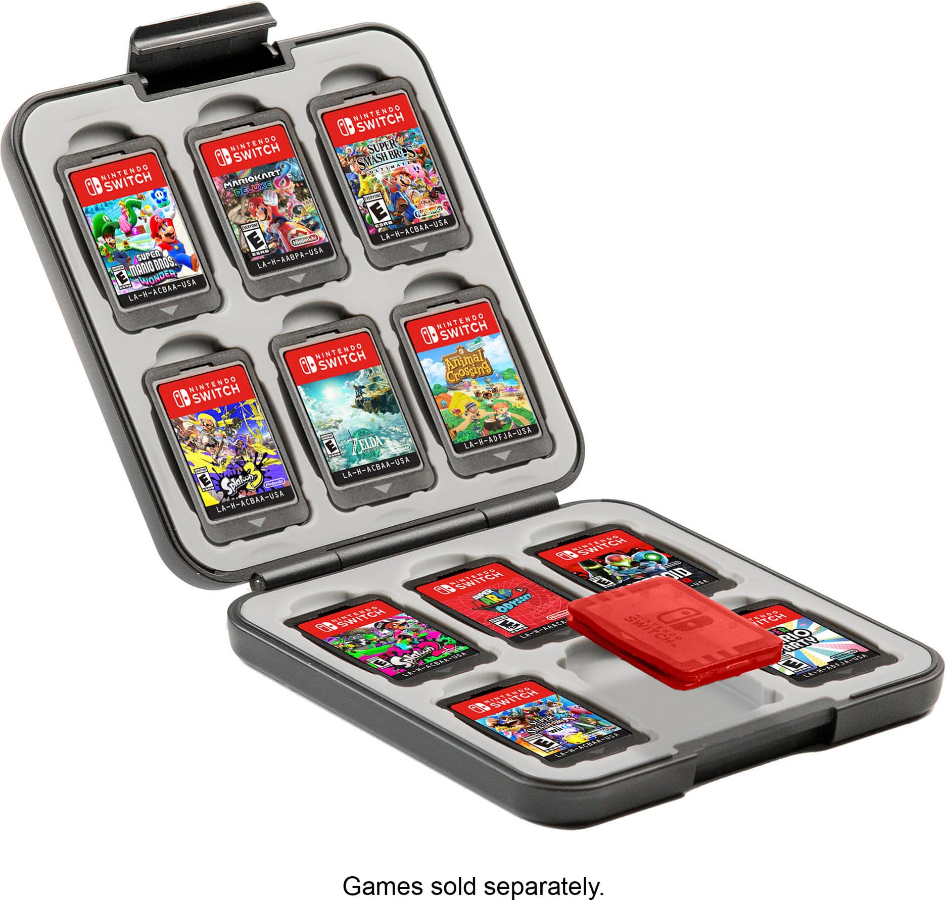 The image features a Nintendo Switch game cartridge case with a red insert. The case is open, revealing the cartridges inside. There are a total of eight cartridges in the case, each with different games. The cartridges are organized in a way that showcases the variety of games available for the Nintendo Switch console.