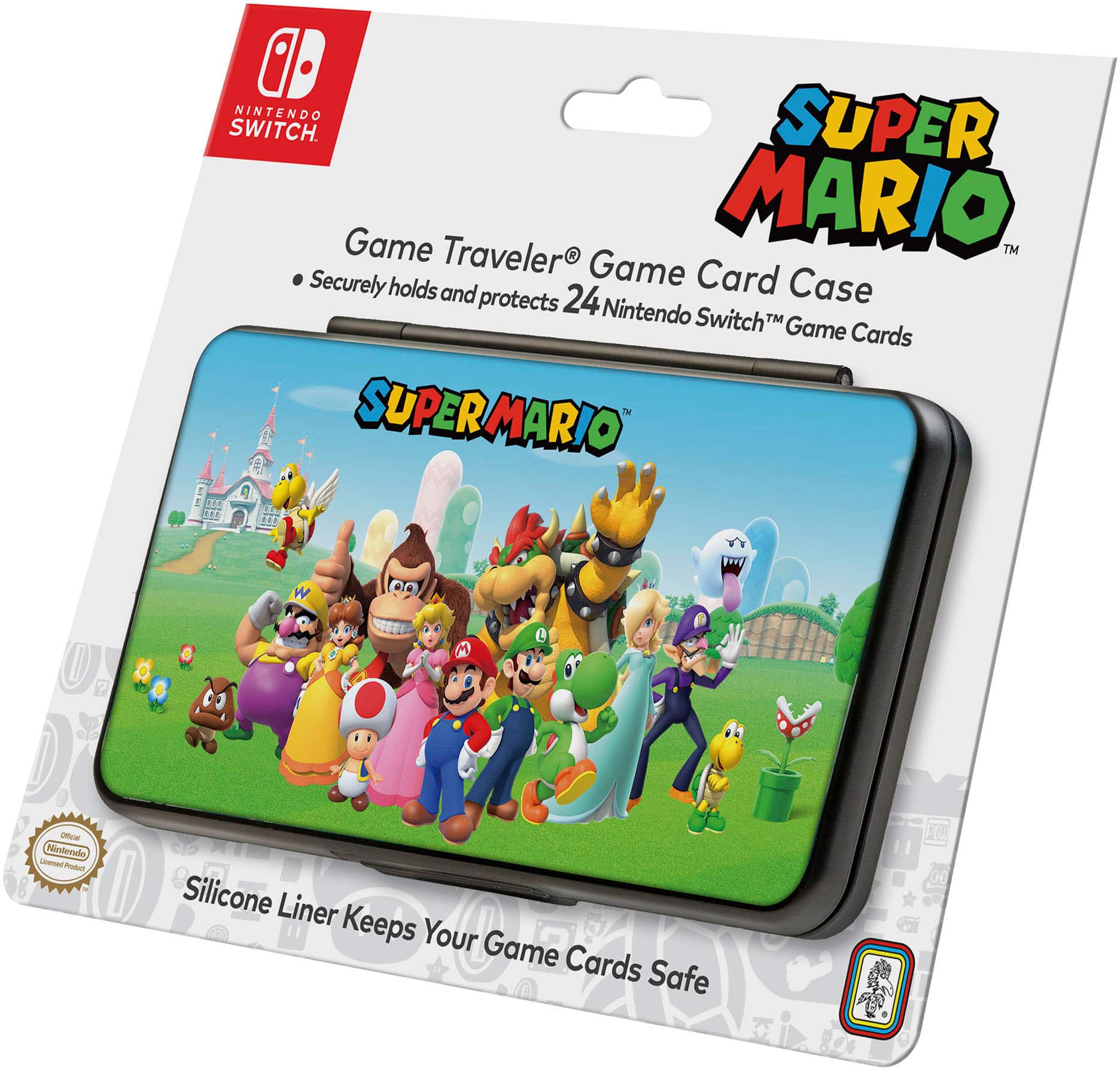 The image features a Super Mario game card case, which is designed to securely hold and protect 24 Nintendo Switch game cards. The case is made of silicone and has a liner that keeps the cards safe. The case is designed to fit the Nintendo Switch game cards and is a great way to keep them organized and protected.