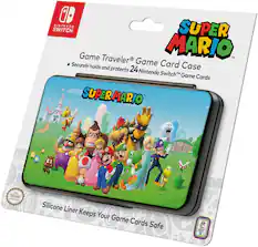 The image features a Super Mario game card case, which is designed to securely hold and protect 24 Nintendo Switch game cards. The case is made of silicone and has a liner that keeps the cards safe. The case is designed to fit the Nintendo Switch game cards and is a great way to keep them organized and protected.