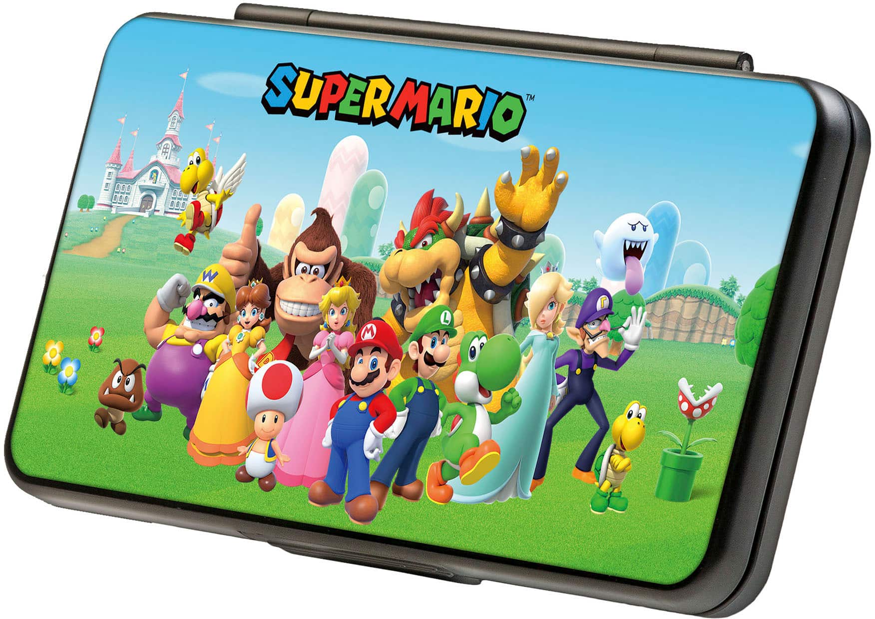 The image features a Super Mario game with a group of characters standing on a grassy field. The characters are in various poses, and the scene is colorful and lively. The game is displayed on a cell phone, which is placed on a table. The Super Mario characters are the main focus of the image, and their presence creates a fun and engaging atmosphere.