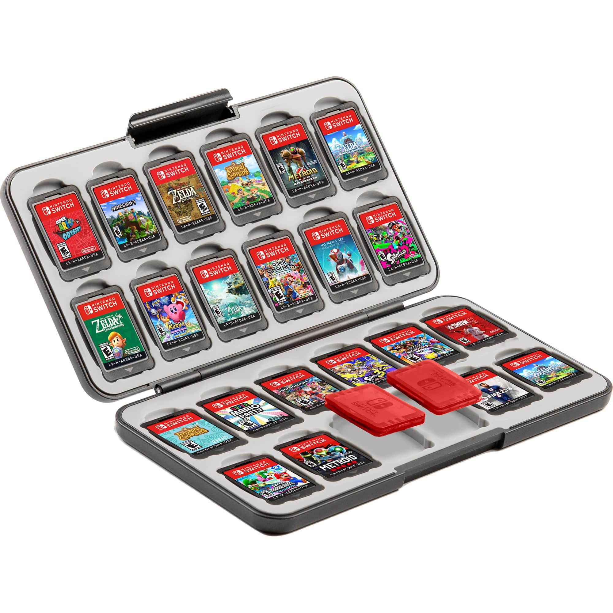 The image features a Nintendo Switch game case with a variety of games displayed. The case is filled with game cartridges, including titles like Zelda, Mario Kart, and Metroid. The case is open, revealing the collection of games inside. The games are organized in a way that showcases the diverse selection available for the Nintendo Switch gaming system.