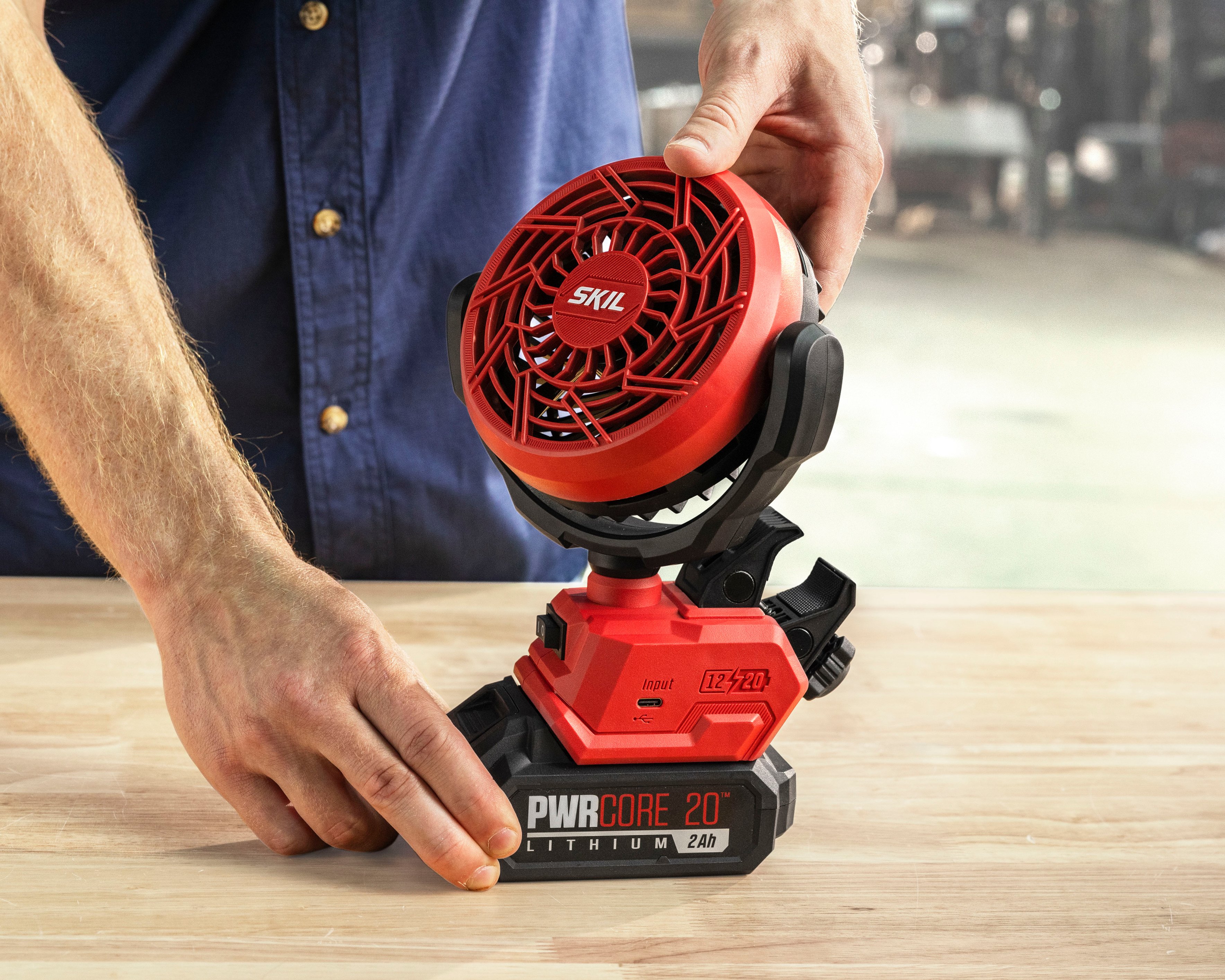 Angle. Skil - SKIL 12/20V Multi Volt Brushless 4in. Clamp Fan, Tool Only - Red.