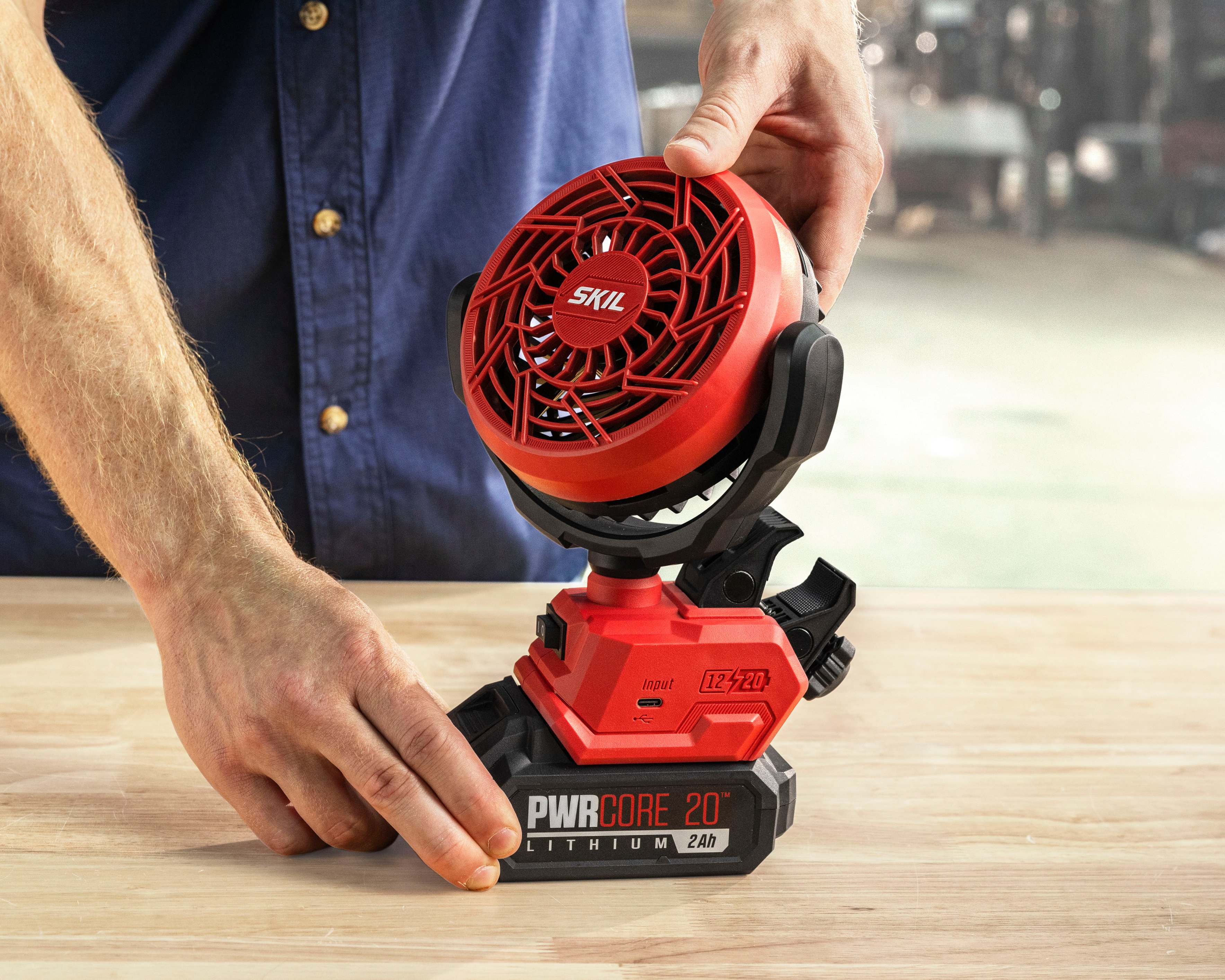 Angle View: SKIL 12/20V Multi Volt Brushless 4in. Clamp Fan, Tool Only - Red