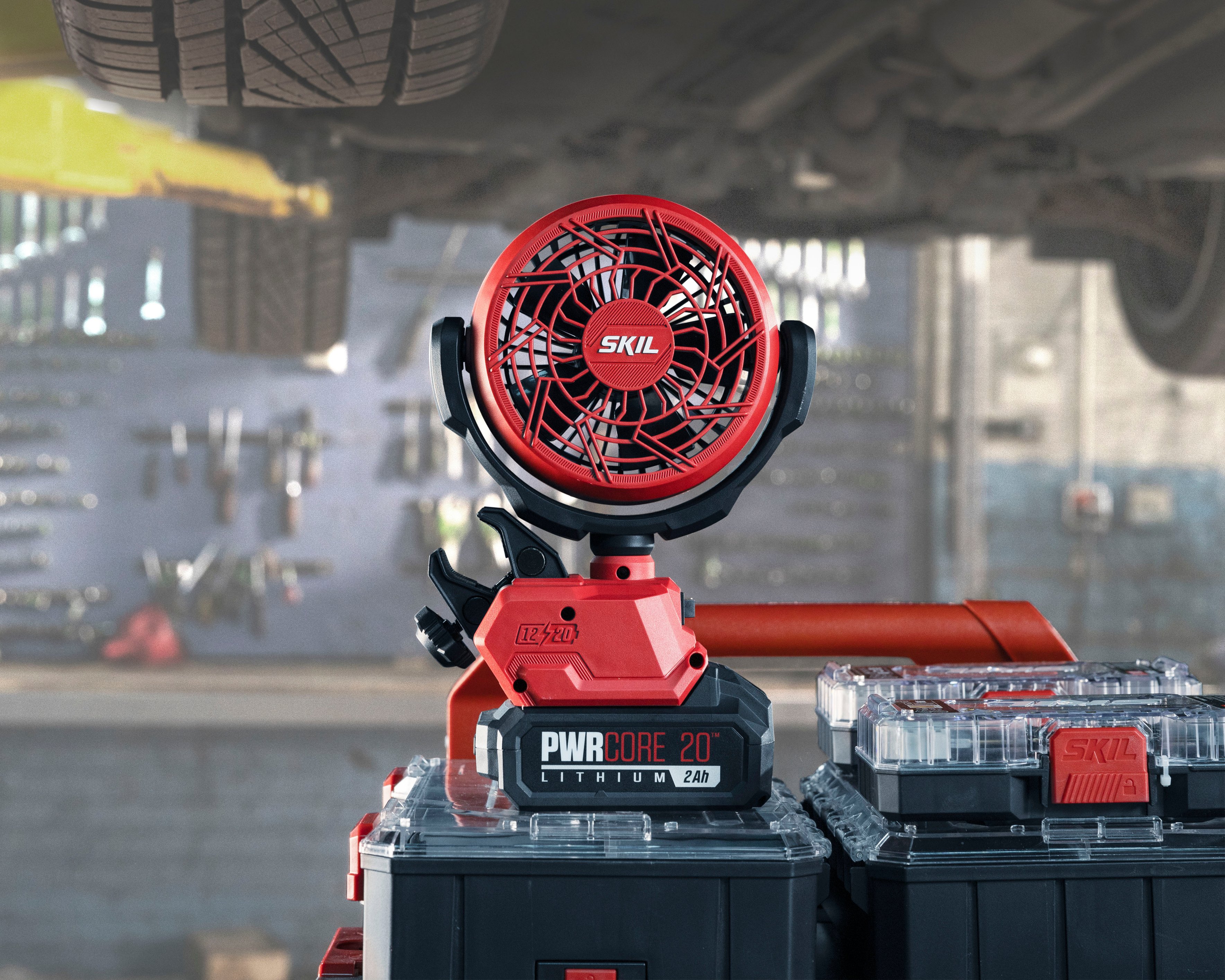 Left. Skil - SKIL 12/20V Multi Volt Brushless 4in. Clamp Fan, Tool Only - Red.