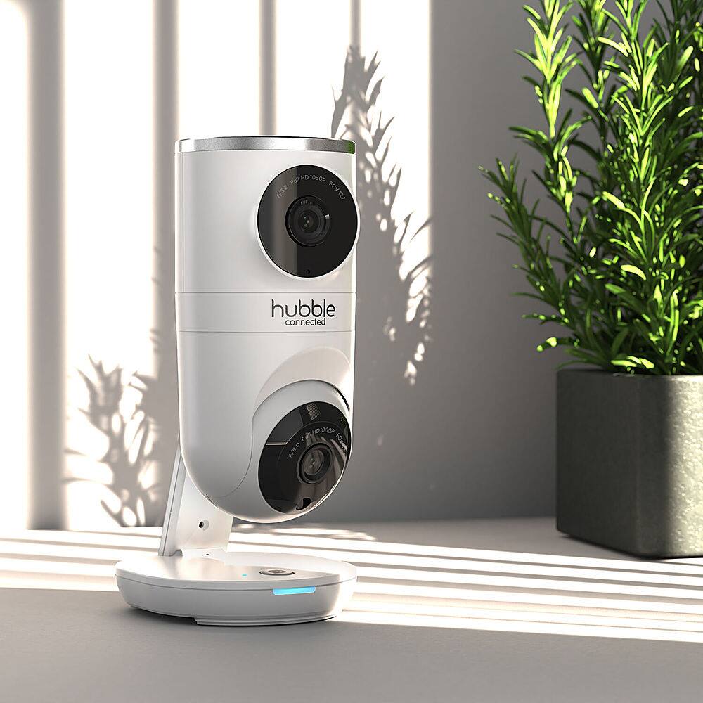 Left View: Hubble Connected Nursery Pal Dual Vision Smart Camera Wi-Fi Baby Monitor with AI Motion Tracking in White - White