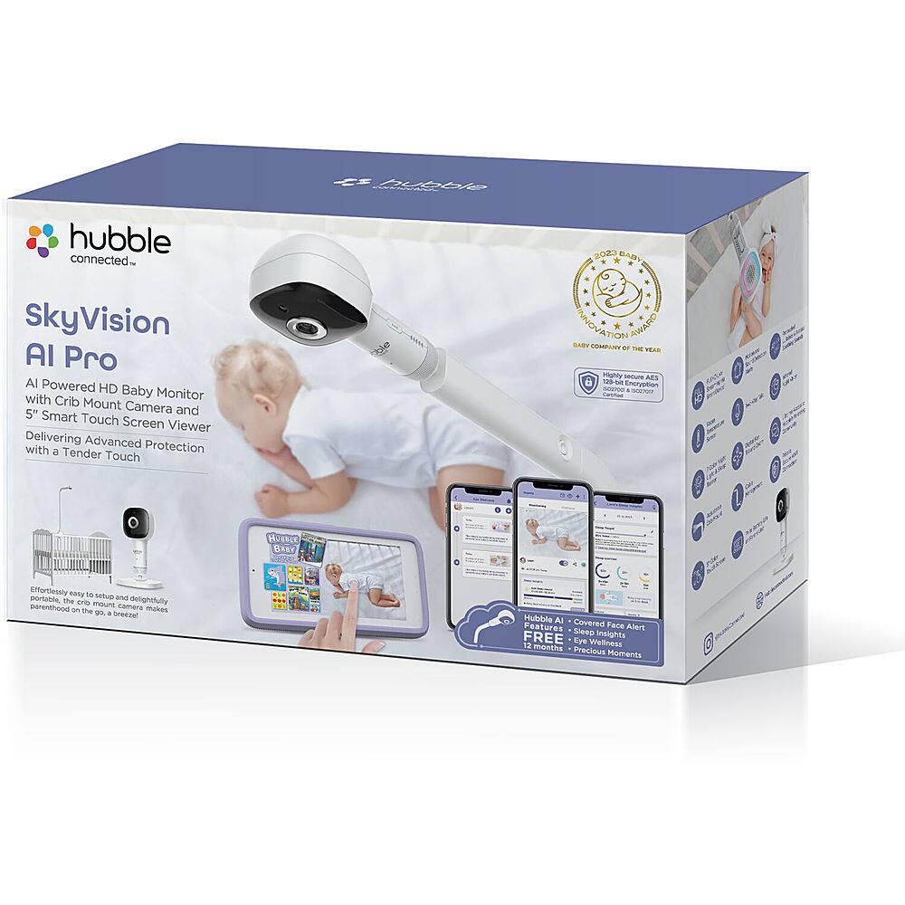 Left. Hubble Connected - SkyVision Pro AI-Enhanced HD Smart Camera Baby Monitor, Travel-Friendly Parent Unit, Crib Mount, and Covered Face Alert - White.