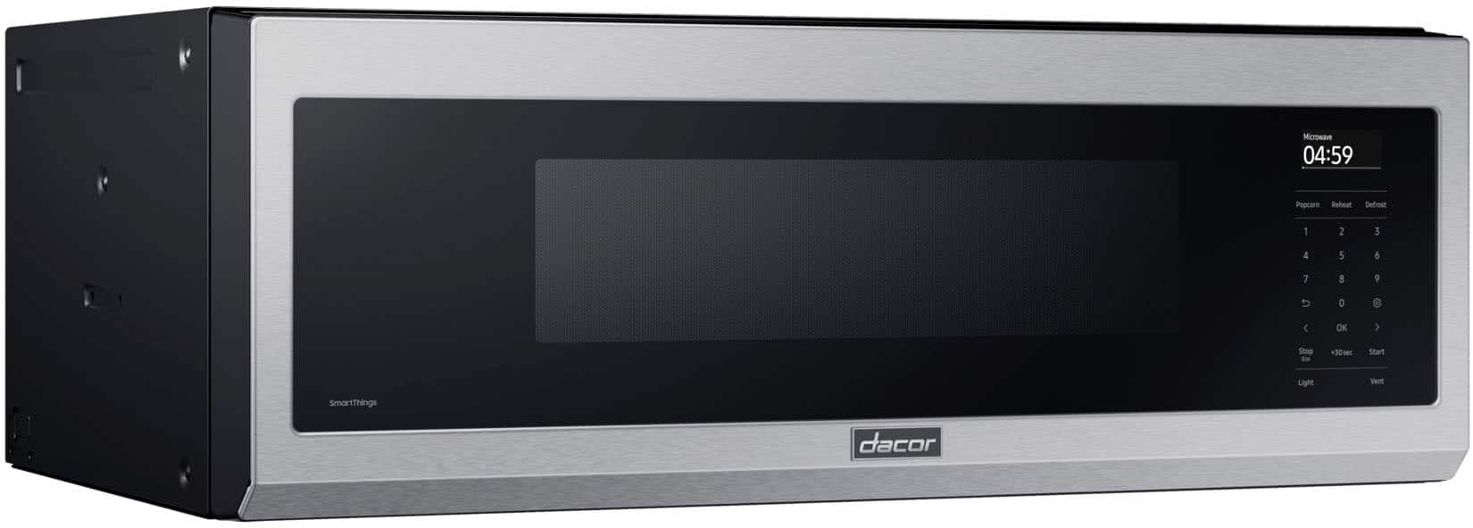 Left. Dacor - 1.1 Cu. Ft. Over-The-Range 30" Slim Microwave with Sensor Cooking and Bar LED Lighting - Silver Stainless Steel.