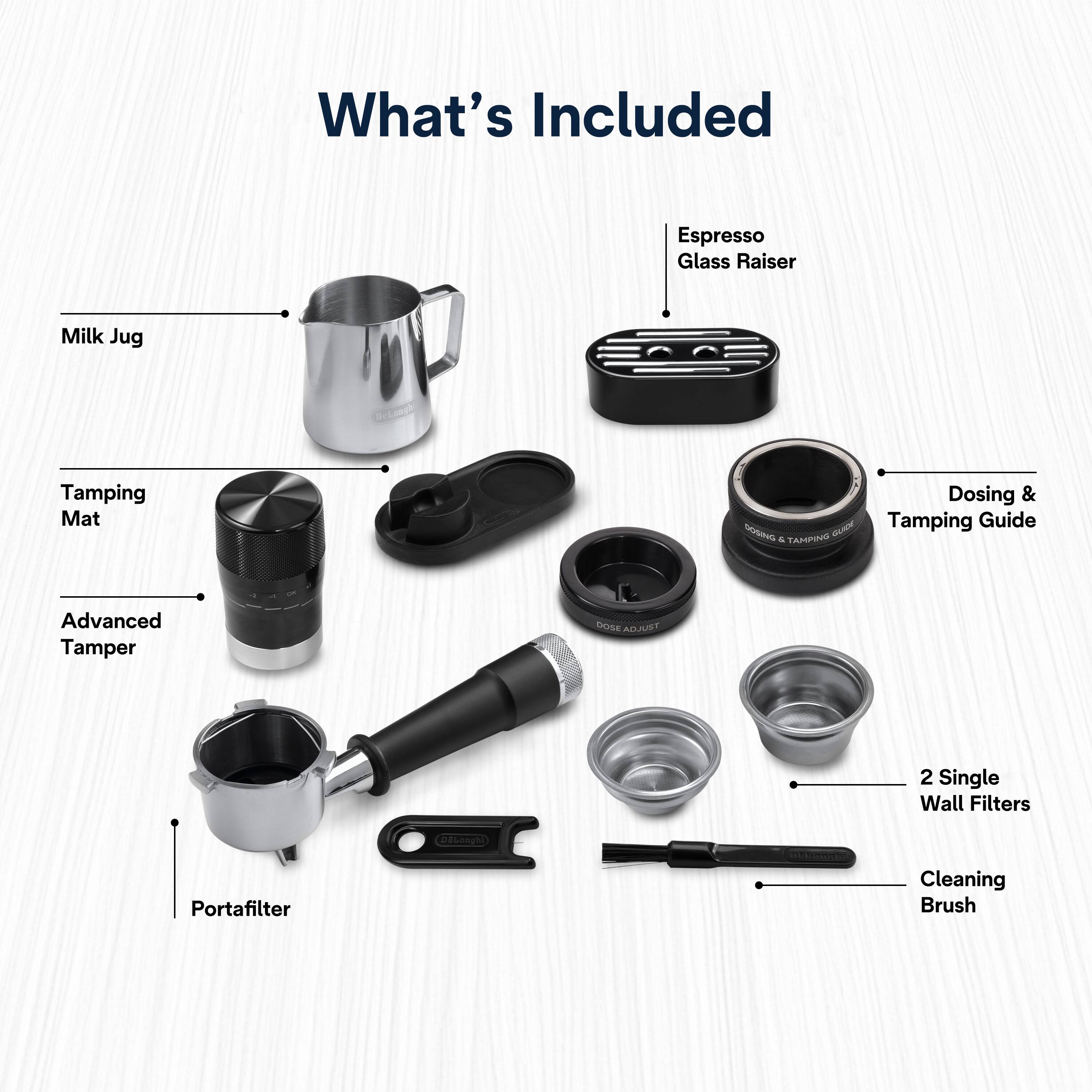 What's Included: Espresso Glass Raiser, Milk Jug, Tamping Mat, Dosing & Tamping Guide, Advanced Tamper, Portafilter, 2 Single Wall Filters, Cleaning Brush