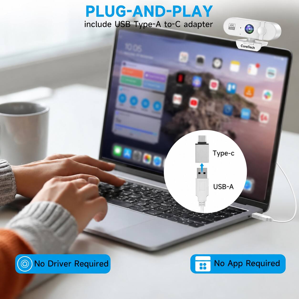 PLUG-AND-PLAY include USB Type-A to-C adapter 4K and 10.05 CoreTech - USB-A No Driver Required No App Required