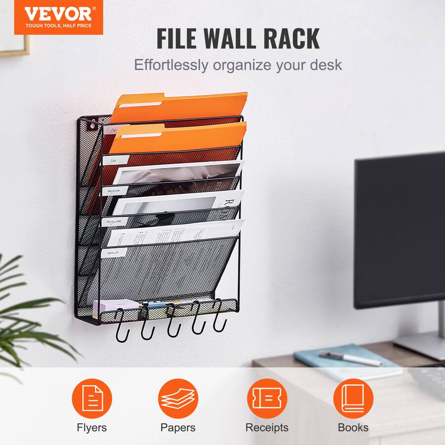 Covered Document Rack VEVOR File Wall Rack, One Piece 6 Pockets Mesh Wall File Holder, Wall ...