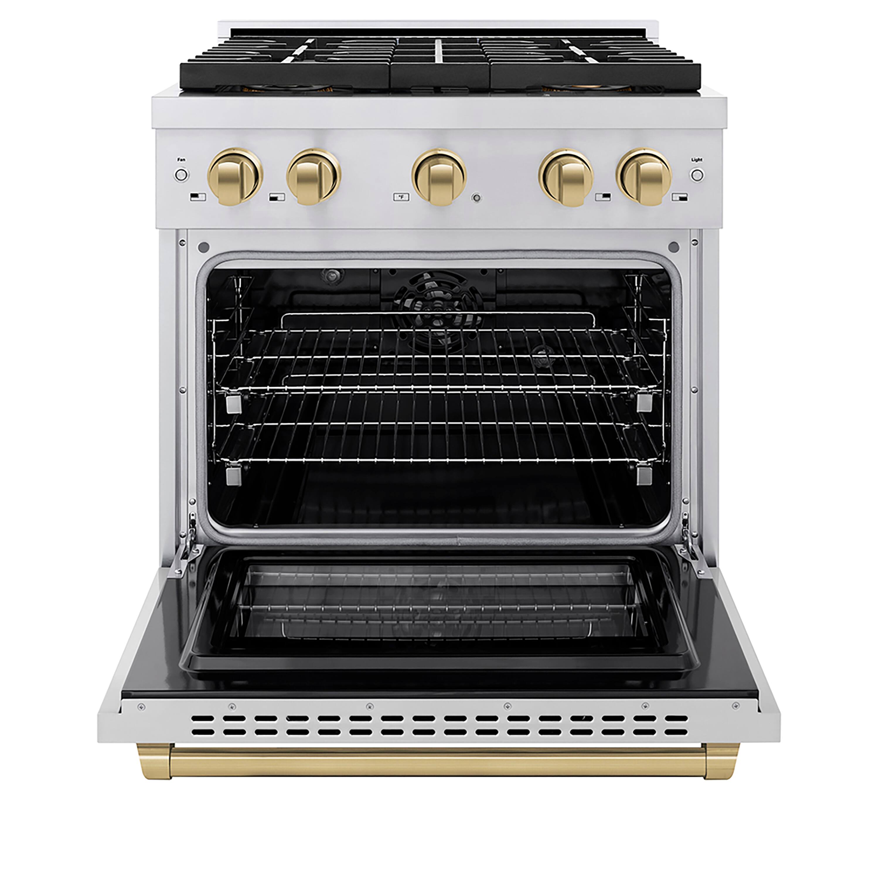 Angle. ZLINE - ZLINE Autograph 30 in. 4.2 cu. ft. Freestanding Paramount Dual Fuel DuoPro Range in Stainless Steel with Bronze Accents - Stainless Steel.
