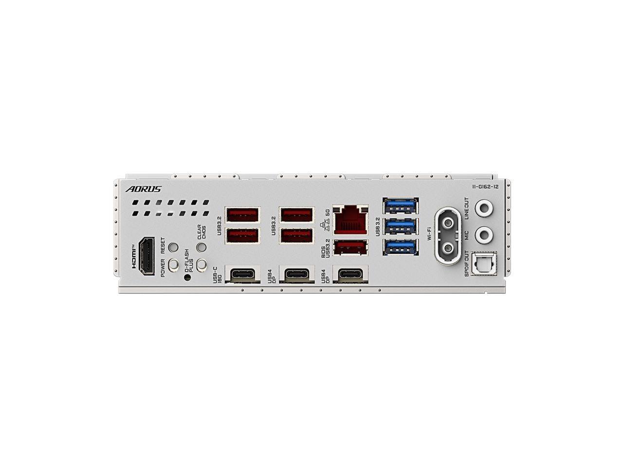 AORUS RESET HOMP POWER CLEAR CMC D-FLASH PLUS O USB3.2 USB-C BG du US03.2 85n DP S 4 88 C SOIS USB3.2 U5B4 DP a2 o Wi-Fi 11-0162-12 LINEOUT MIC OUT - SPOIF