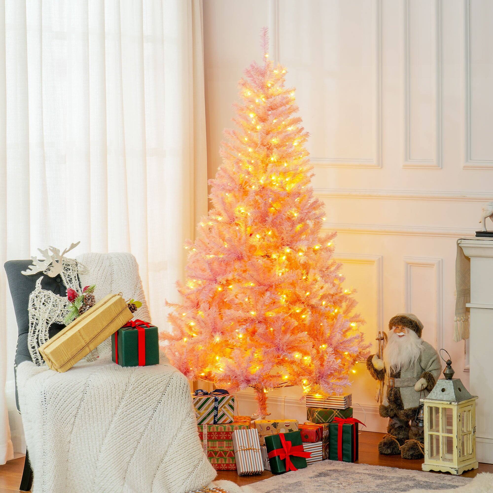 Alt View 4. Hivvago - 6 ft Tall Prelit Christmas Tree Douglas Fir Artificial Christmas Tree with Realistic Branches - Pink.