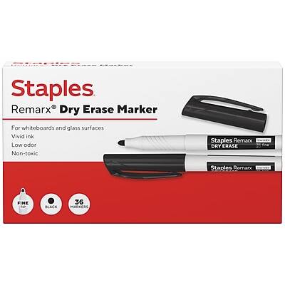 Staples Remarx Dry Erase Marker  
For whiteboards and glass surfaces  
Vivid ink  
Low odor  
Non-toxic  

Staples Remarx DRY ERASE  
FINE BLACK  

36 MARKERS