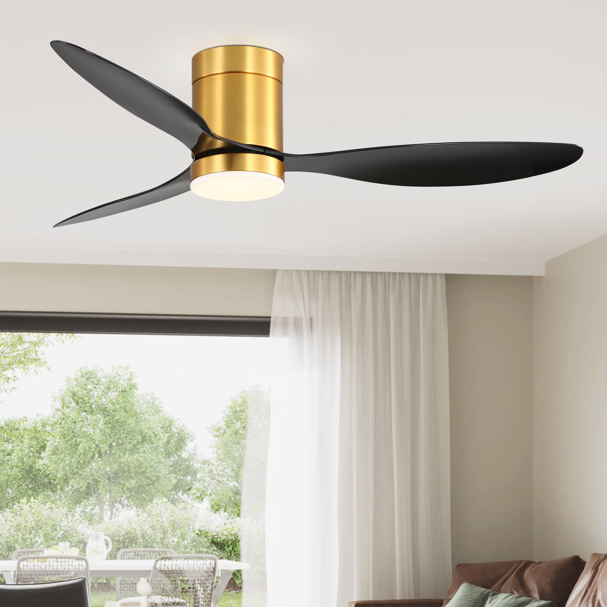 Alt View 2. Breezary - 52-Inch Flush Mount LED Ceiling Fan with 3 ABS Blades, DC Motor 120V/60Hz 28W, Memory Function, Remote Control - Black and Gold (with light).