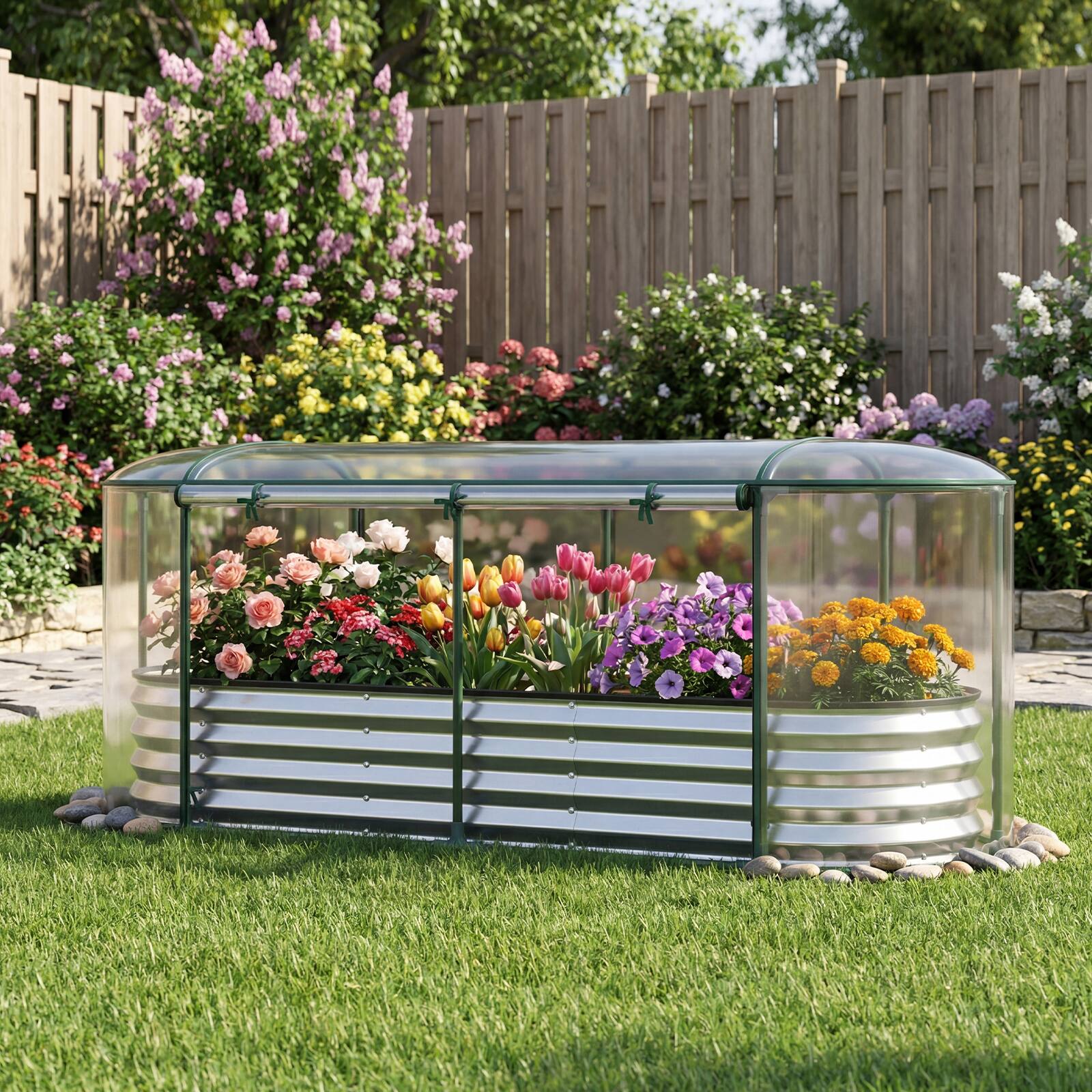 Alt View 3. Costway - Costway 6 x 2 x 1 FT Color Steel Raised Garden Bed with Greenhouse Cover, Roll-up Window - Silver, Transparent.