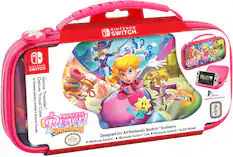 The image features a pink Nintendo Switch case designed for all Nintendo Switch systems. The case is designed to hold five game cards, and it is specifically designed for the Nintendo Switch Lite and OLED model. The case is part of the Game Deluxe Game Library Travel Traveler, which offers a convenient way to carry and store your Nintendo Switch games while on the go.