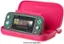 The image features a white Nintendo Switch game console with a pink carrying case. The case is holding the game console, which is displaying a menu with several games, including Animal Crossing, Super Mario Odyssey, and The Legend of Zelda. The console is currently showing the game options menu.