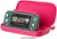 The image features a pink case holding a Nintendo Switch game console. The console is placed inside the case, which is designed to protect the device. The case is open, revealing the console inside. The console is surrounded by several video games, showcasing the variety of games available for the Switch.