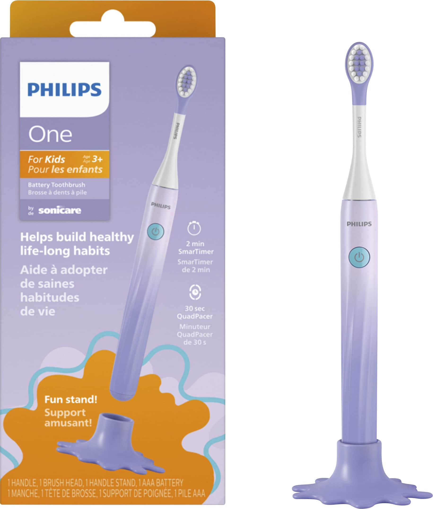 Angle. Philips - Philips One for Kids Battery Toothbrush - Gradient Purple Fade.