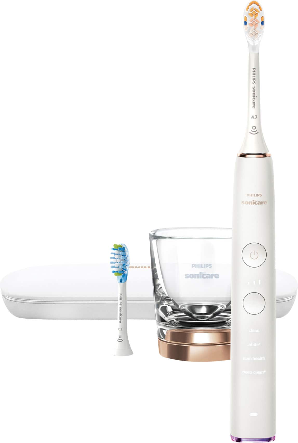 Left. Philips Sonicare - Philips Sonicare DiamondClean Smart Electric, Rechargeable Toothbrush for Complete Oral Care - 9300 Series - Rose Gold.
