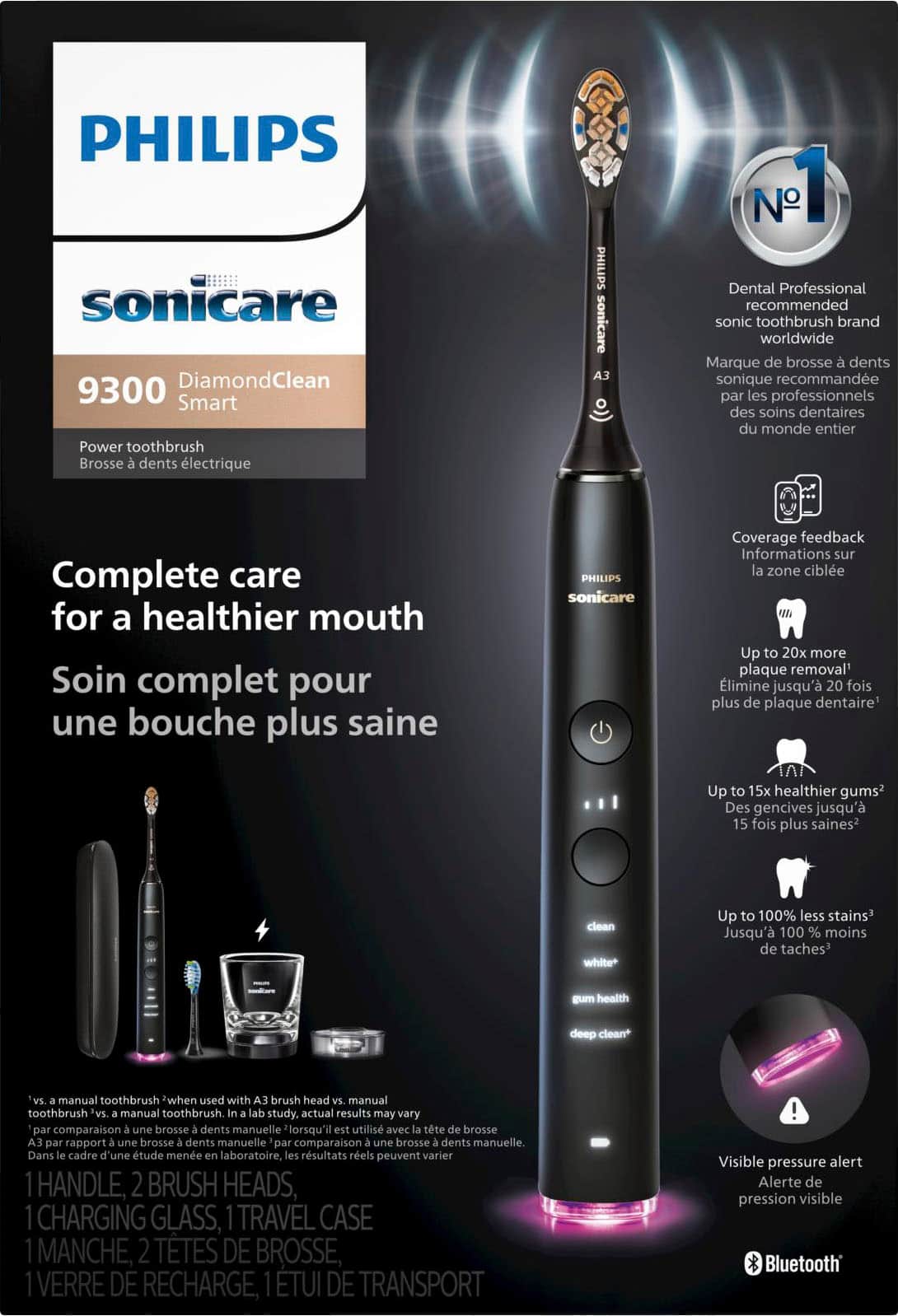 Left. Philips Sonicare - Philips Sonicare DiamondClean Smart Electric, Rechargeable Toothbrush for Complete Oral Care – 9300 Series - Black.