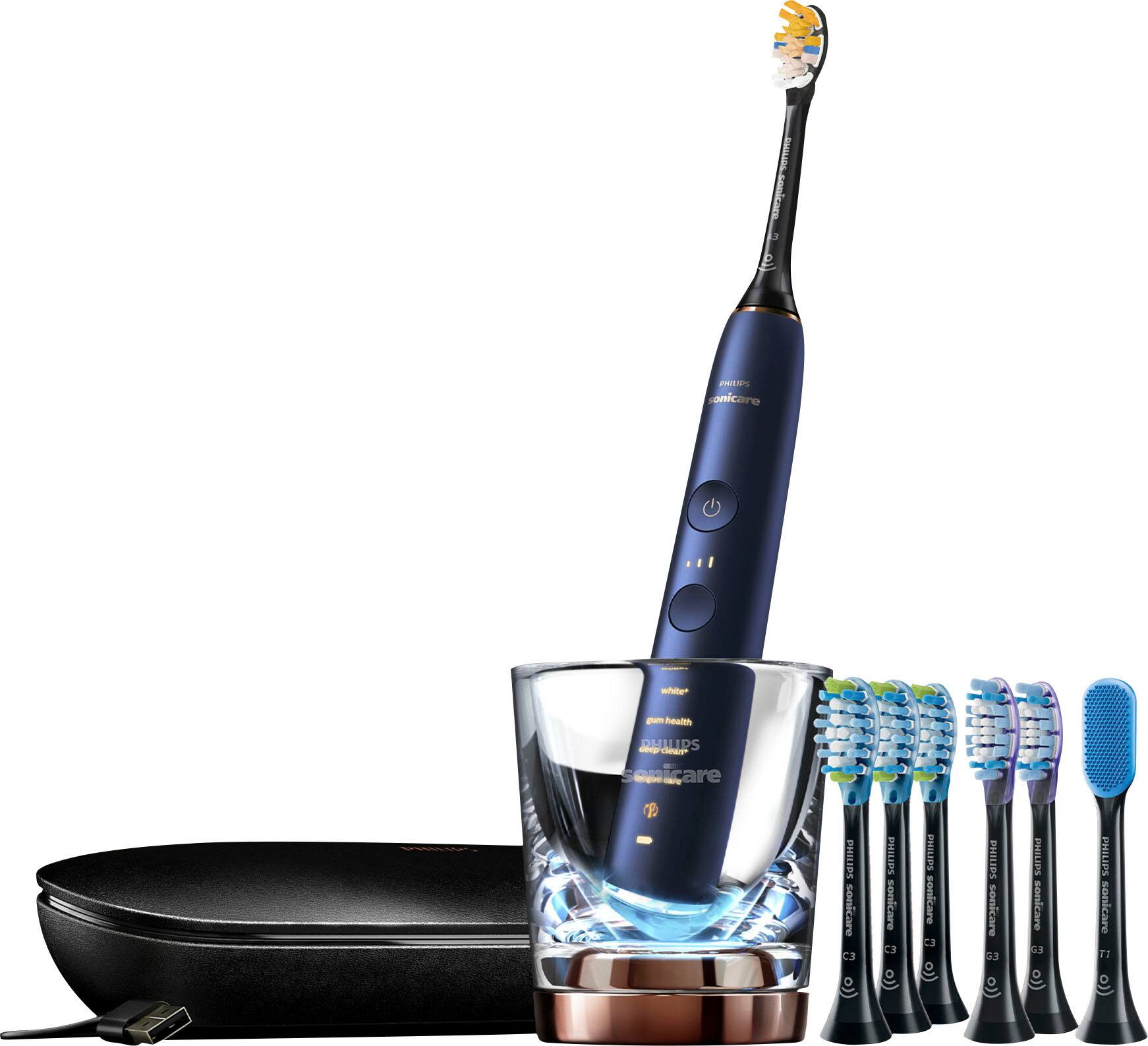 Left. Philips Sonicare - Philips Sonicare DiamondClean Smart Electric, Rechargeable toothbrush with Charging Travel Case, and 8 Brush Heads - Lunar Blue.