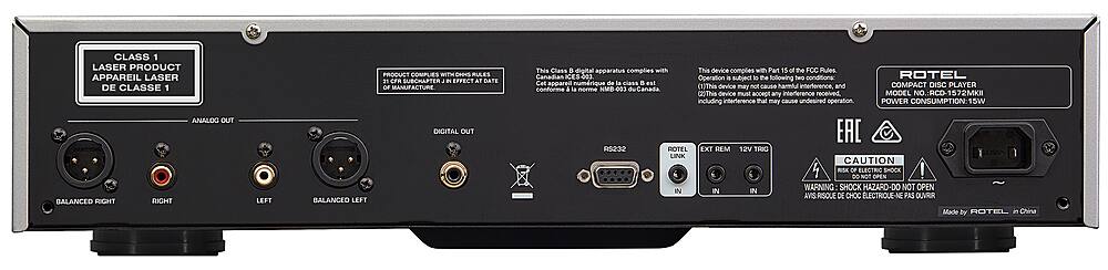 This device complies with Part 15 of the FCC Rules and Canadian ICES-003. Operation is subject to the following two conditions: (1) this device may not cause harmful interference, and (2) this device must accept any interference received, including interference that may cause undesired operation of the device.

Model No: RCO-1572MKI
Power Consumption: 12V Trio Link
Caution: Risk of Electrical Shock - Do Not Open
WARNING: SHOCK HAZARD - DO NOT OPEN
Made by ROTEL in China.