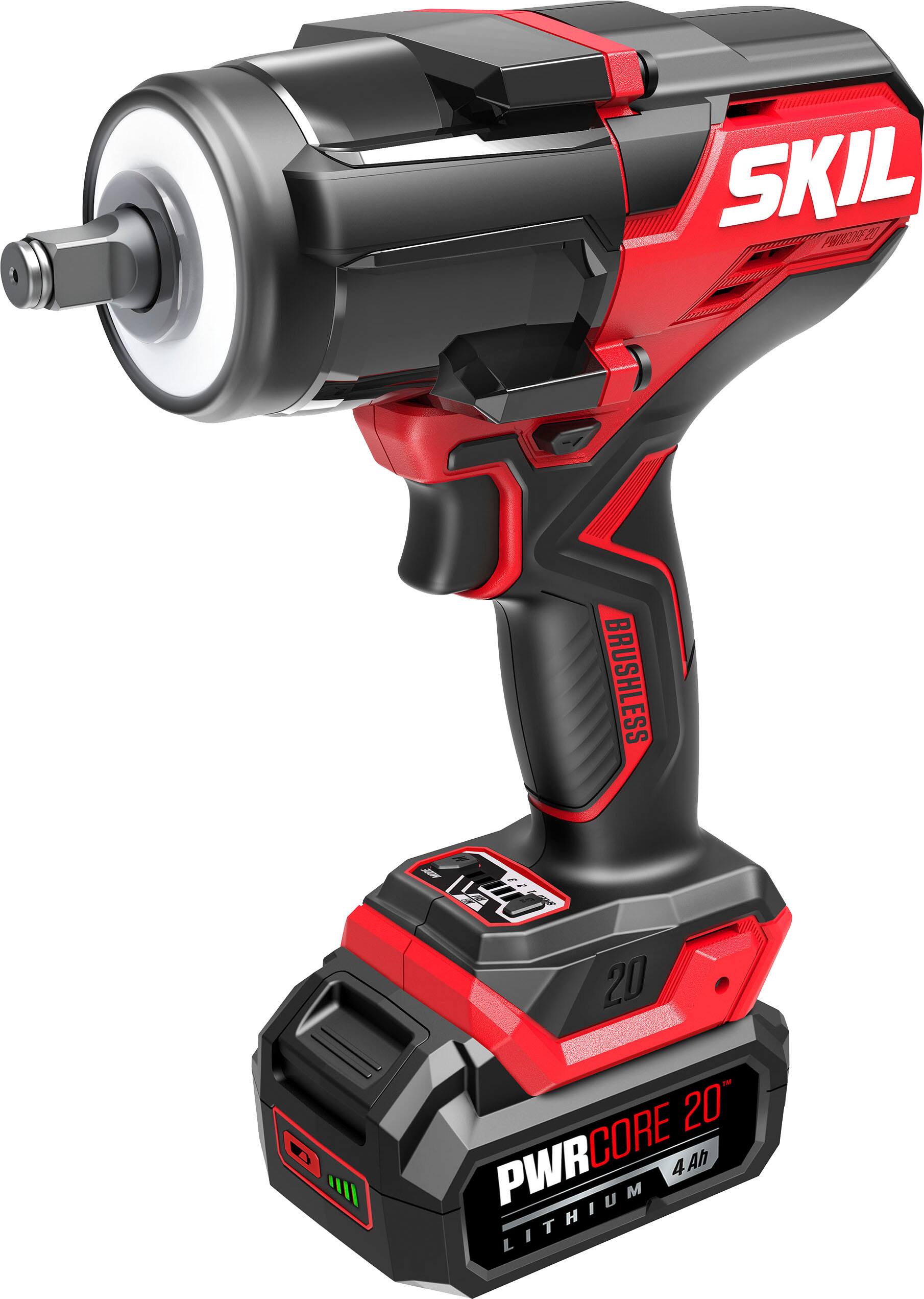Left. Skil - SKIL PWR CORE 20 Brushless 20V 1/2 In. Mid-Torque Impact Wrench Kit - Black/Red.