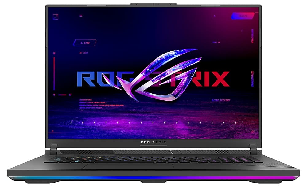 The image features a laptop computer with a purple and red background, displaying the ROG Strix logo. The laptop is open and ready to use, showcasing its sleek design and powerful capabilities. The ROG Strix brand is known for its high-quality gaming laptops, offering an immersive gaming experience with cutting-edge technology and performance.