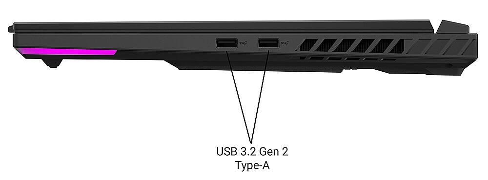 The image shows a computer keyboard with a purple light on it. The keyboard is described as a USB 3.2 Gen 2 Type-A keyboard.