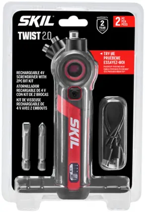 Front. Skil - SKIL Twist 2.0 Rechargeable 4V Screwdriver with Pivoting Head, Torque Setting, USB-C Charging Cable & 2PC Bit Set - red/black.
