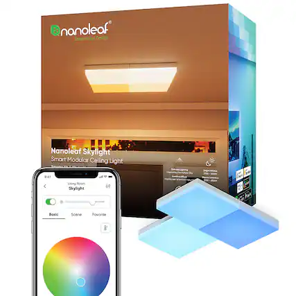 nanoleaf Smarter by Design Nanoleaf Skylight Smart Modular Ceiling Light:
* Living Room Skylight Difused Lighting
* Lit by the Mofura SKY Luminaire
* Mature Big Whites 2E 1700 ASOOK 1 - p S V e Basic Scene Favorite
The image features a smartphone app that controls the Nanoleaf Skylight Smart Modular Ceiling Light. The app allows users to adjust the lighting in their living room, creating a warm and inviting atmosphere. The app is designed to be user-friendly and intuitive, making it easy for anyone to control the lighting in their space.