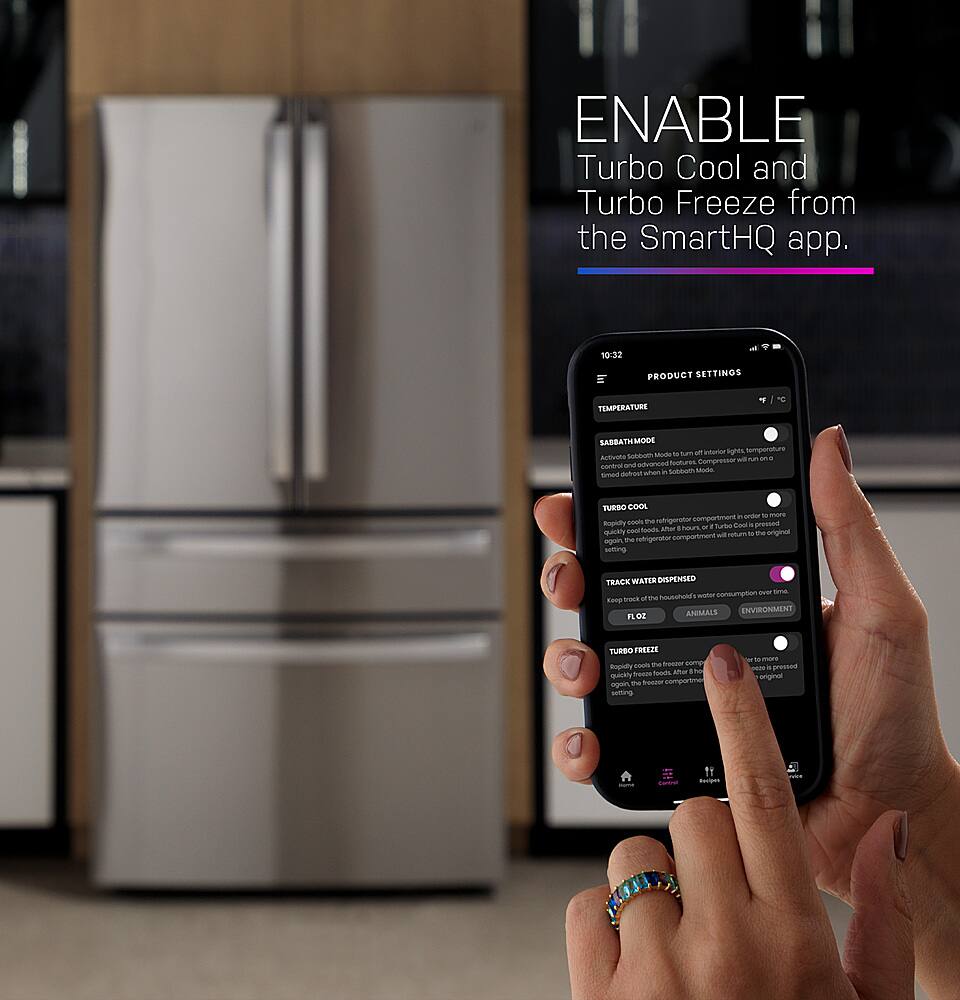 The image features a person holding a smartphone in front of a refrigerator. The phone is displaying a SmartHQ app, which allows the user to enable Turbo Cool and Turbo Freeze settings. The app also provides product settings, temperature sabbath mode, and track water consumption. The person is likely using the app to control and monitor the refrigerator's temperature and other features.