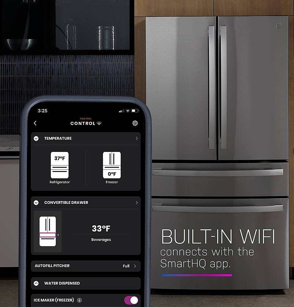 The image features a refrigerator with a smartphone app displayed on its screen. The app is called "SmartHQ," and it allows users to control the temperature of the refrigerator and freezer. The app also provides information about the ice maker and water dispenser, as well as the convertible drawer and auto fill pitcher. The refrigerator is equipped with built-in Wi-Fi, which enables seamless connectivity with the SmartHQ app.