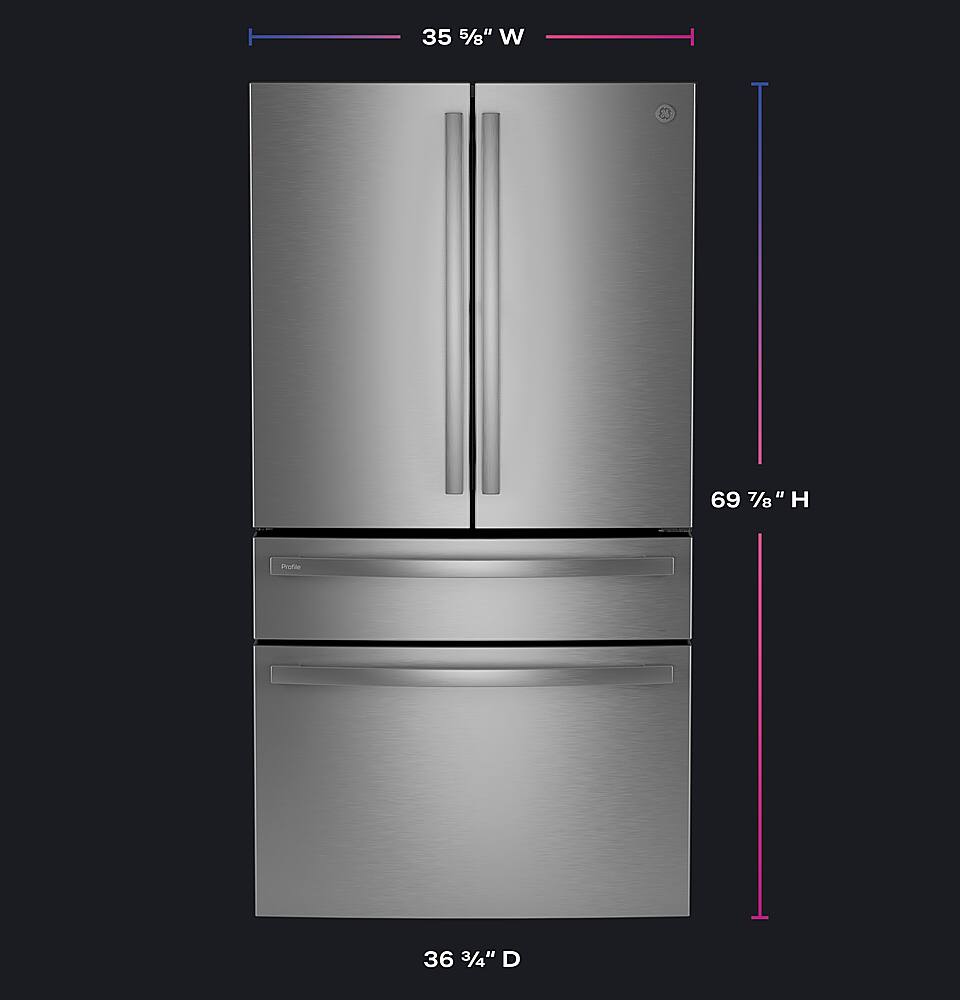 The image shows a large stainless steel refrigerator with a freezer on top. The refrigerator has a height of 69 7/8" and a width of 35 5/8". The door of the refrigerator is open, revealing the interior. The refrigerator is a two-door model, with the freezer section on top and the refrigerator section below.