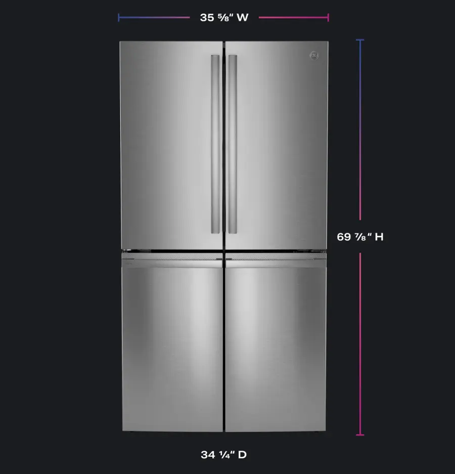 The image features a large stainless steel refrigerator with a height of 69 7/8" and a width of 35 5/8". The refrigerator has a depth of 34 1/4".