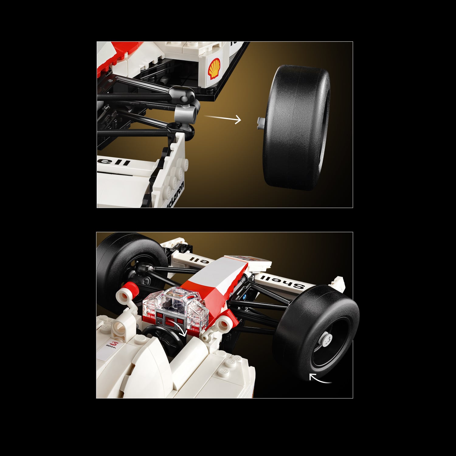The image features a toy car made out of Legos, with a close-up view of the wheels and a tire. The car is a race car, and the wheels are designed to resemble those of a real race car. The car is displayed on a table, showcasing the intricate details of the Lego construction.