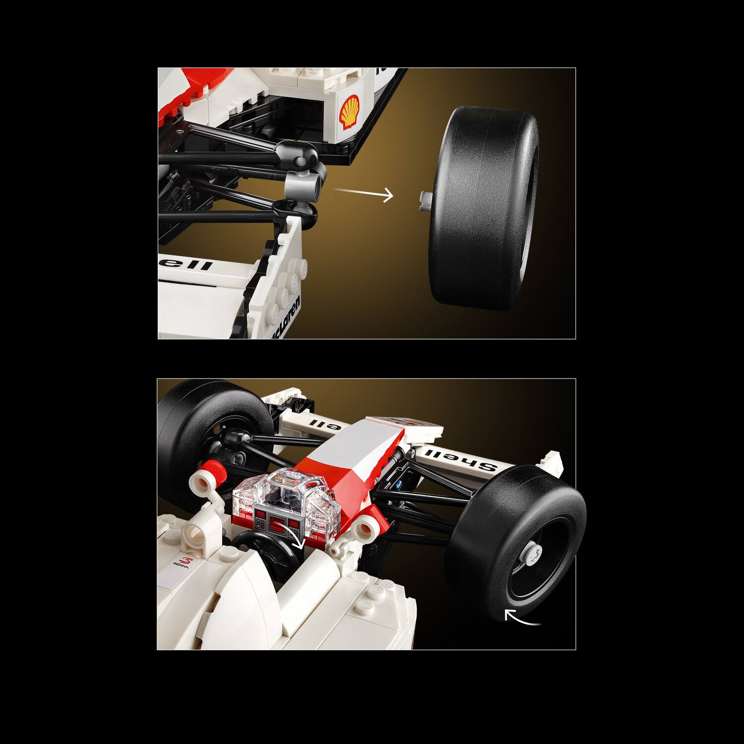 The image features a toy car made out of Legos, with a close-up view of the wheels and a tire. The car is a race car, and the wheels are designed to resemble those of a real race car. The car is displayed on a table, showcasing the intricate details of the Lego construction.