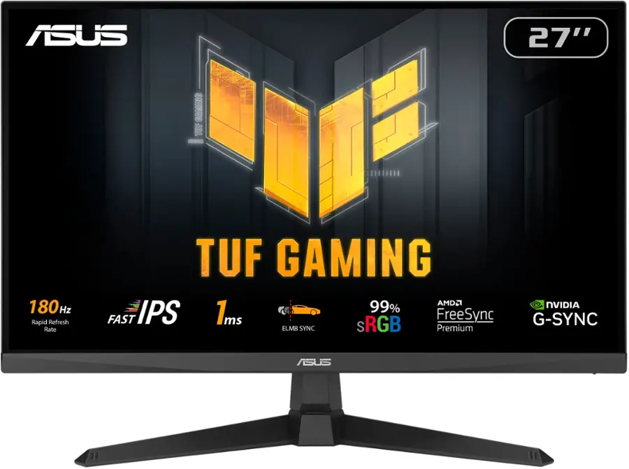 ASUS 27" TUF GAMING monitor with a 180Hz refresh rate, 1ms response time, 99% sRGB color accuracy, and NVIDIA G-SYNC technology.