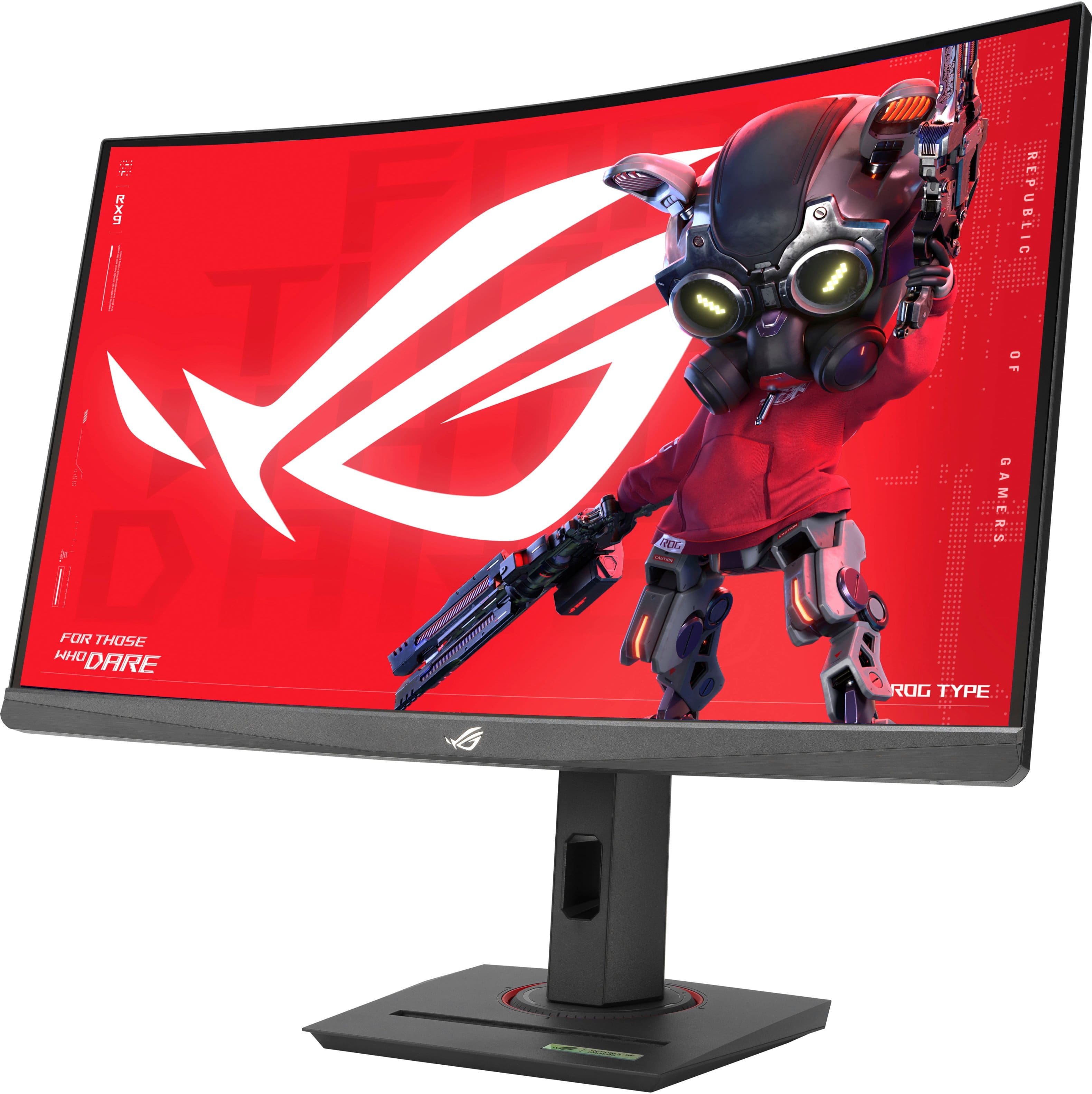 The image features a large red screen with an Asus logo and a character on it. The screen is placed on a black stand. The background of the image is red, which complements the screen's vibrant color.