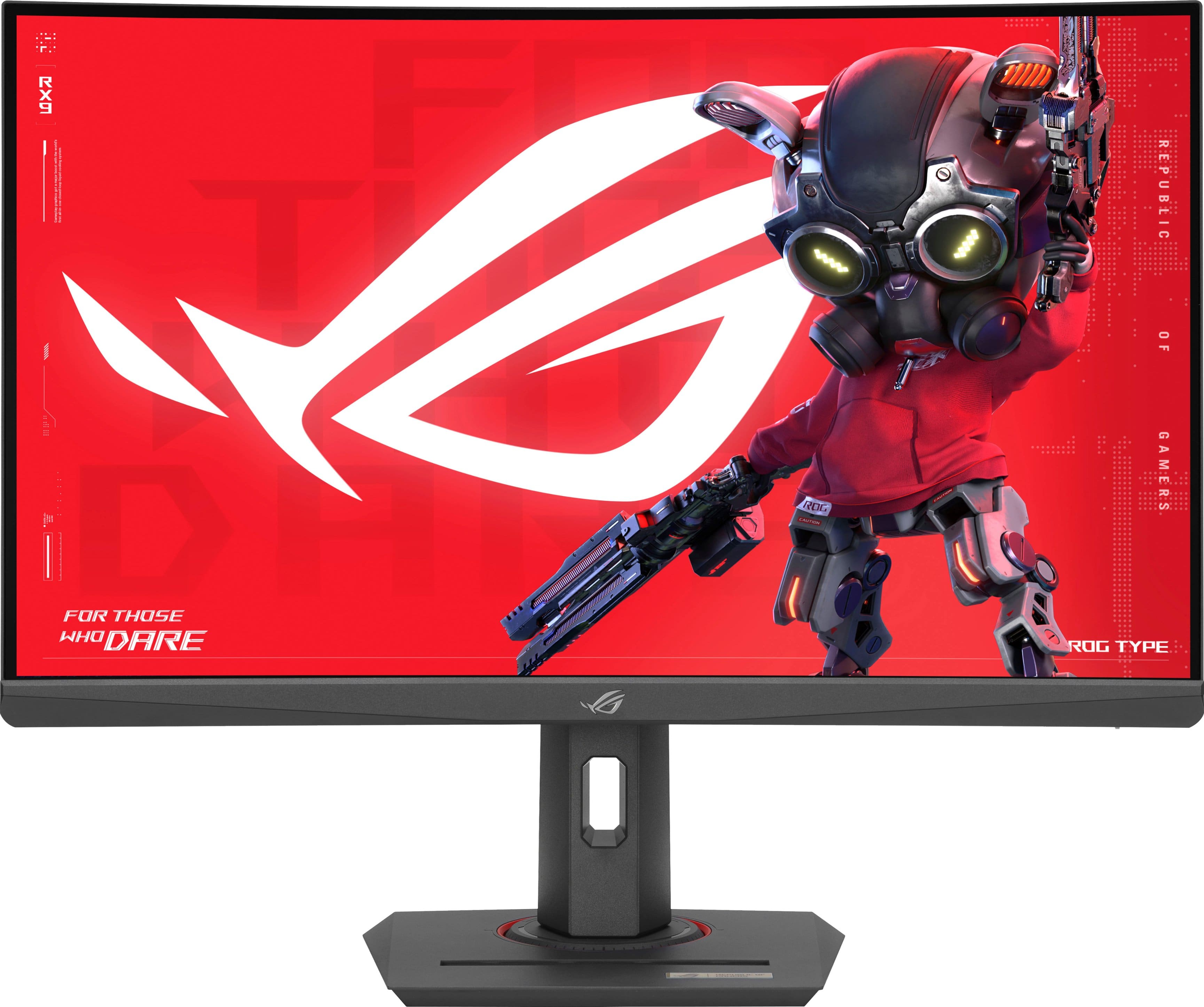 The image features a red background with a character from the video game "For Those Who Dare" on the screen. The character is holding a gun, and the background is adorned with the Asus logo. The monitor is a flat-screen display, and the character appears to be wearing a red jacket. The overall scene suggests that this is an advertisement for the video game or the Asus brand.