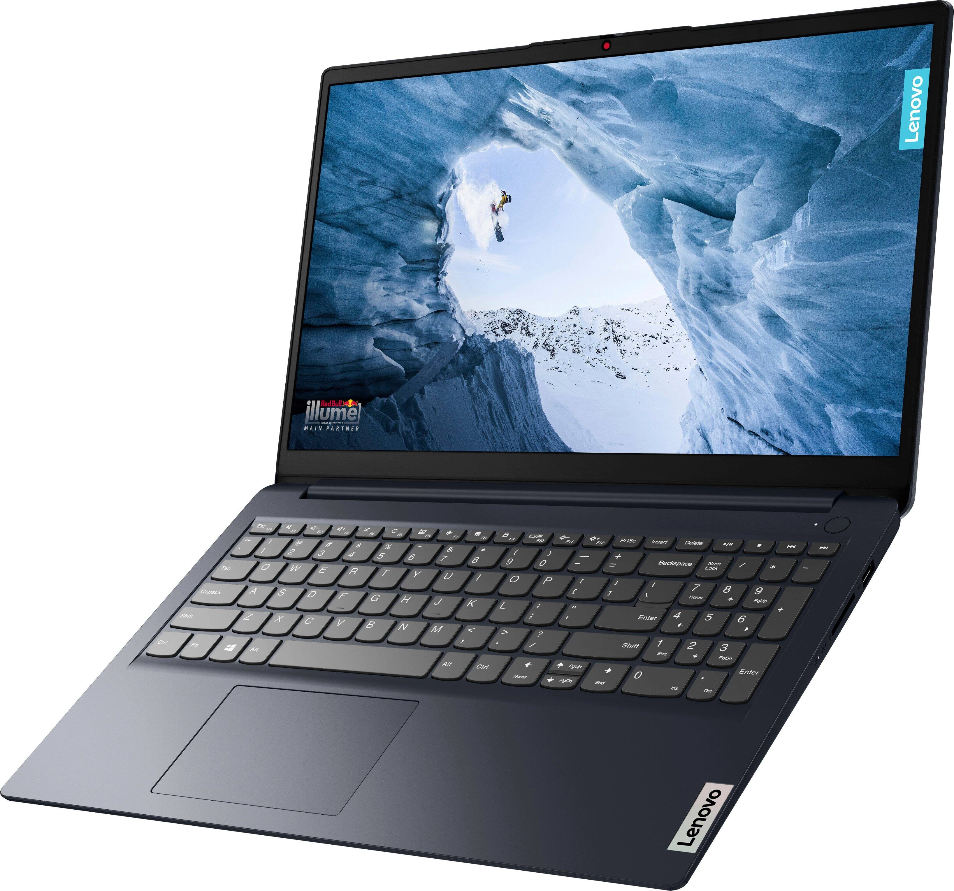 The image features a laptop computer with a large screen, likely an Ultrabook, displaying a snowy mountain scene. The laptop is open and ready for use, showcasing its high-quality display. The brand name "Lenovo" is visible on the laptop, indicating that it is a product of the well-known technology company.