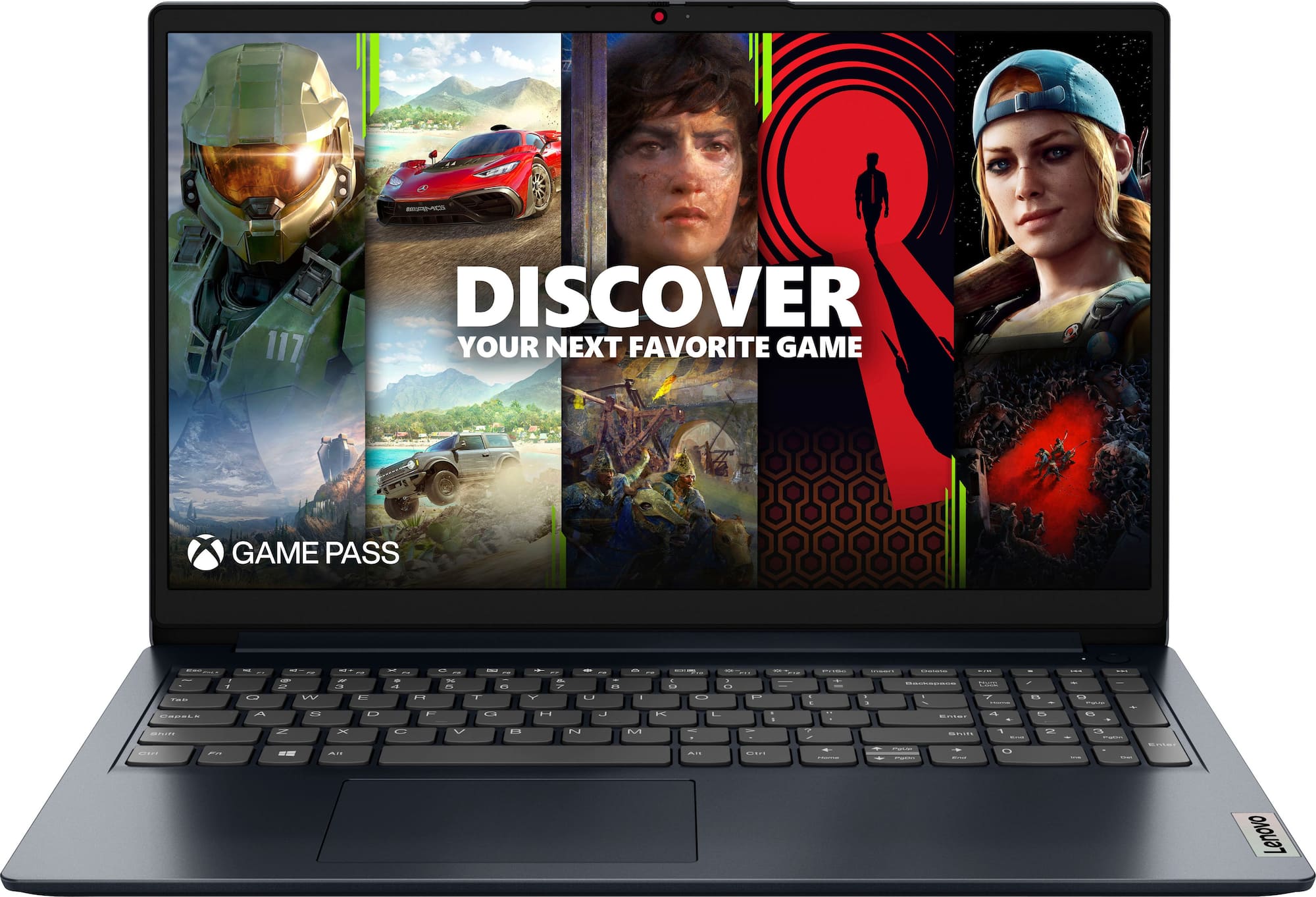 Zoom in on The image features a laptop screen displaying a Game Pass advertisement. The advertisement showcases several video games, including Halo, Forza, and Gears of War. The laptop screen is the main focus of the image, with the Game Pass advertisement taking up the majority of the screen.