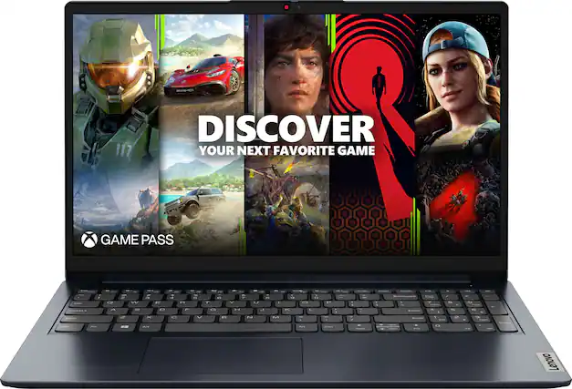 The image features a laptop screen displaying a Game Pass advertisement. The advertisement showcases several video games, including Halo, Forza, and Gears of War. The laptop screen is the main focus of the image, with the Game Pass advertisement taking up the majority of the screen.