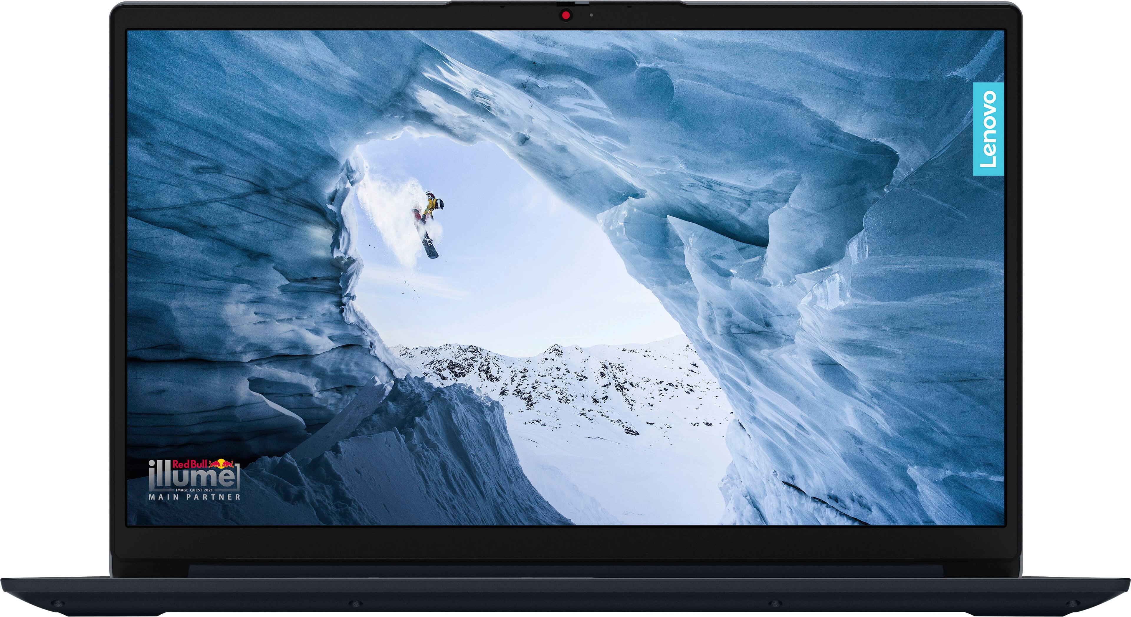 The image features a laptop computer with a large screen displaying a snowy mountain and a person snowboarding. The laptop is likely a Lenovo brand, as indicated by the presence of the Lenovo logo. The screen is illuminated, making the image vivid and captivating.