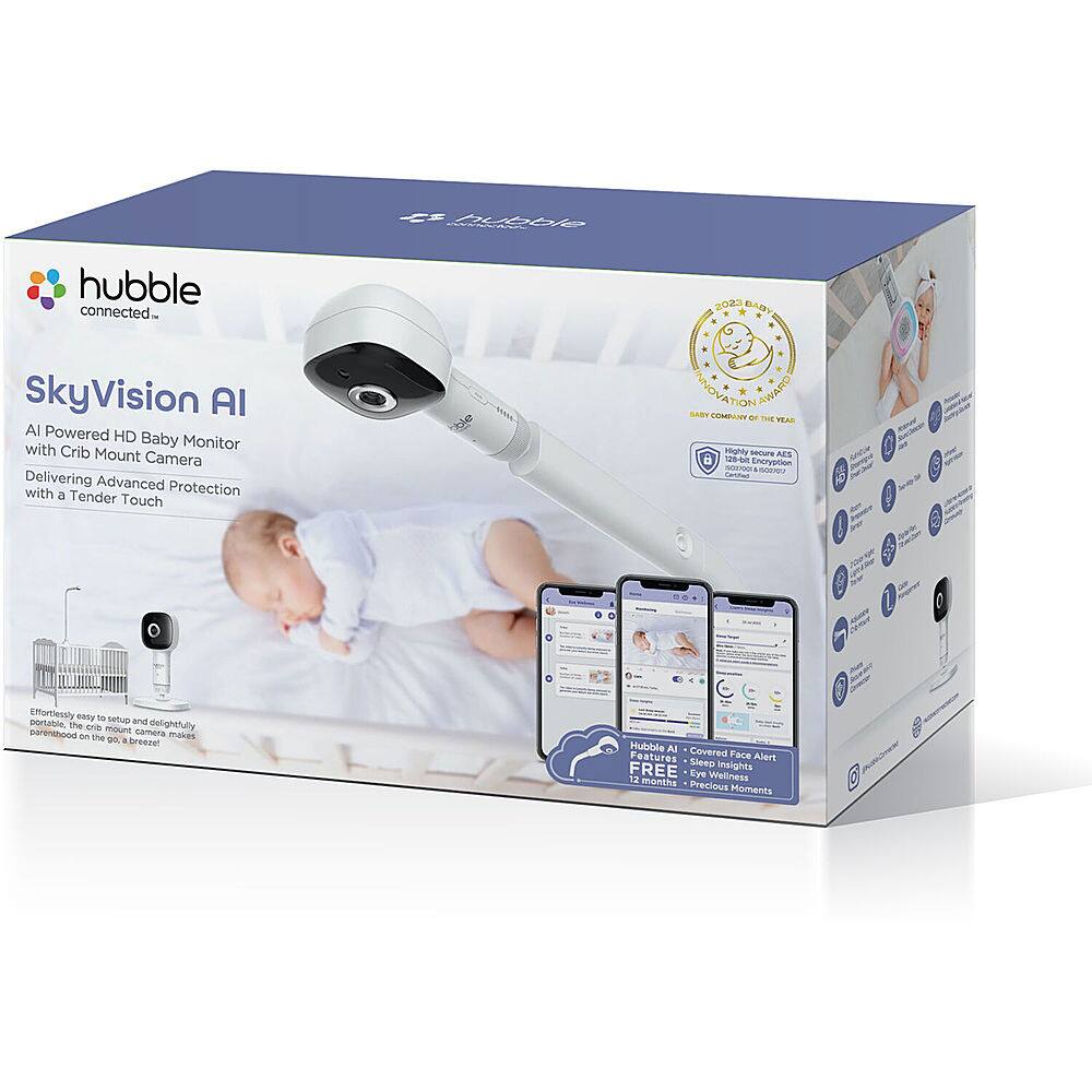 Left. Hubble Connected - SkyVision AI-Enhanced Smart Camera Baby Monitor with Secure Wi-Fi Connection, Crib Mount, and Covered Face Alert - White.