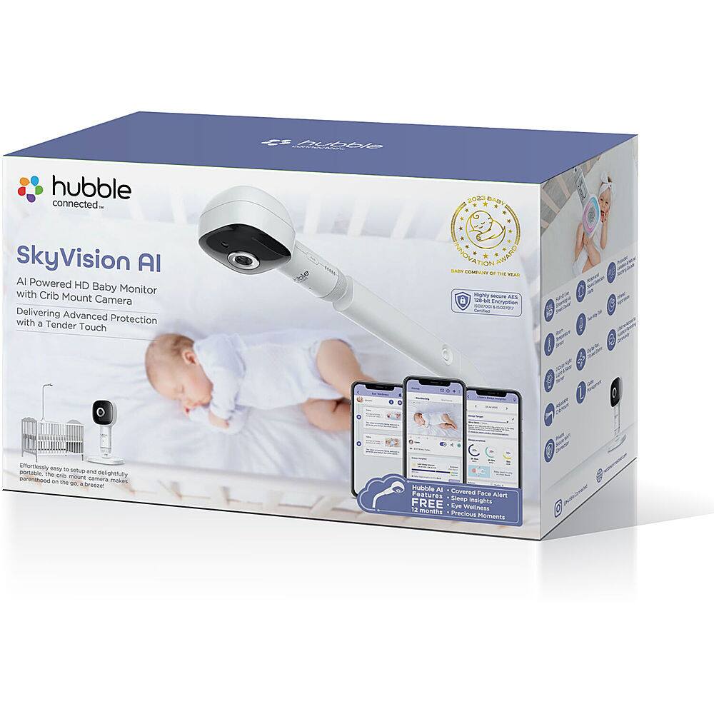 Left View: Hubble Connected - SkyVision AI-Enhanced Smart Camera Baby Monitor with Secure Wi-Fi Connection, Crib Mount, and Covered Face Alert - White